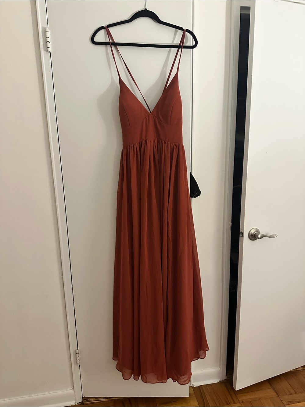 Azazie Terracotta Spaghetti-Strap V-Neck Maxi Dress